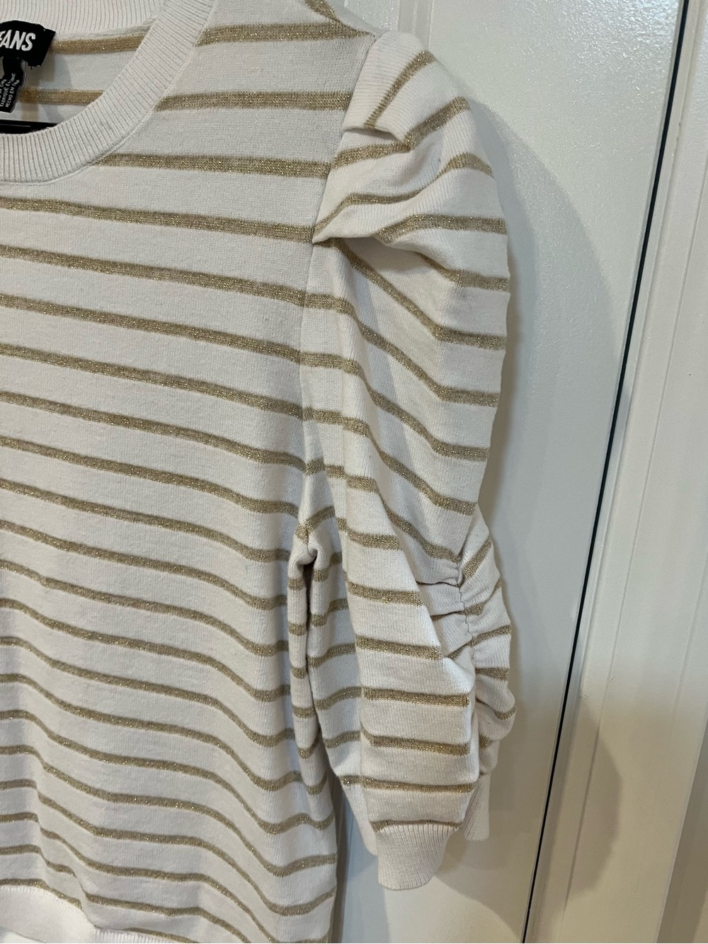 DKNY Cream & Gold Striped Puff Sleeve Knit Top